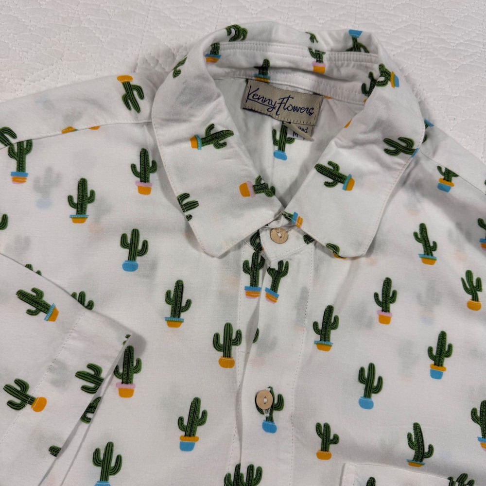 Kenny Flowers Cactus Print Shirt Mens Medium White Rayon Short Sleeve EUC